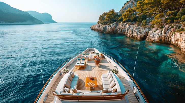 Foredeck lounge of a luxury yacht along a rocky coastline